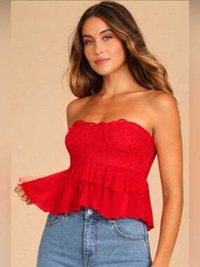 Free People Red Lace Corset Top Strapless Cropped Ruffle Cami Adella Size M Boho